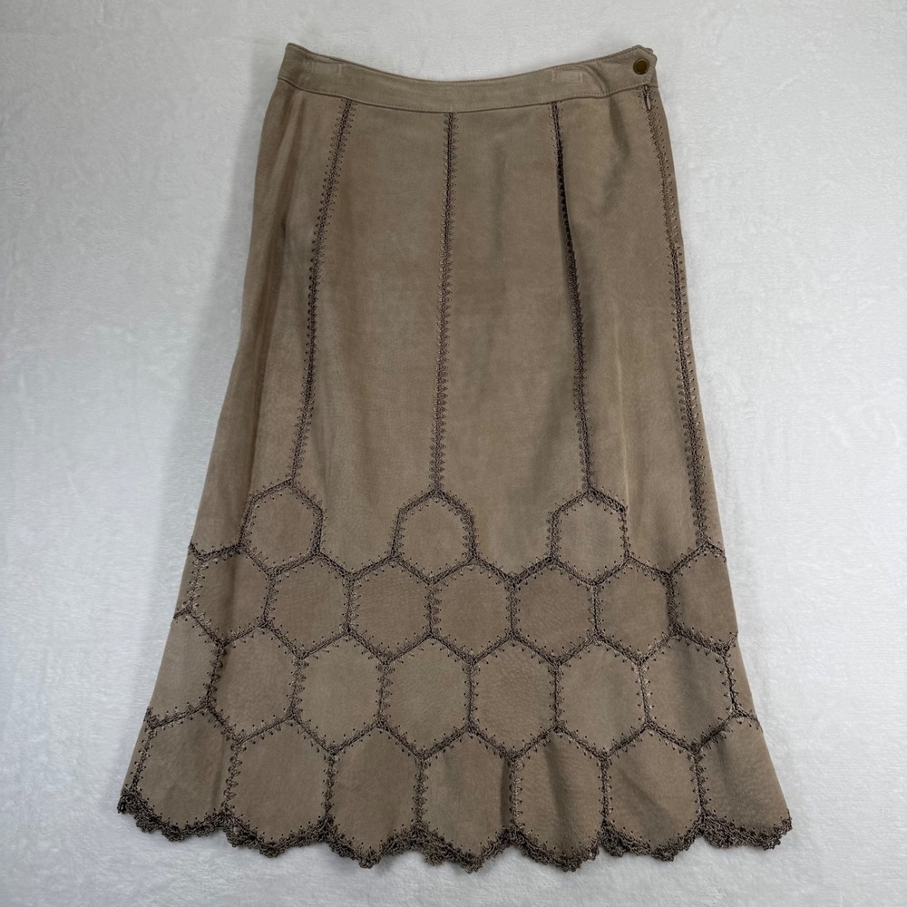 Sigrid‎ Olsen Womens 6 Tan Suede Embroidered Hexagon A-Line Midi Skirt SOMU49E1